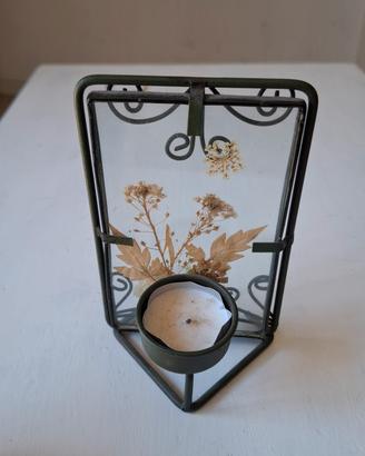 Portacandela vintage ferro vetro con fiori secchi