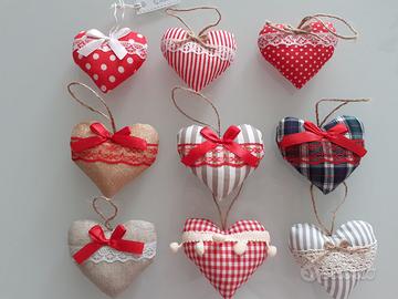 Decorazioni natalizie shabby cuori tessuto e pizzo