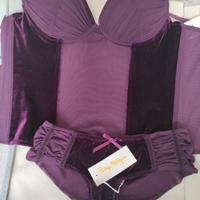 Completo bustier e slip viola con intarsi velluto 