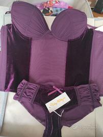 Completo bustier e slip viola con intarsi velluto 