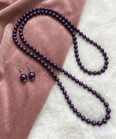 Parure Collana Lunga e Orecchini – perle Viola