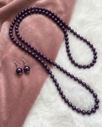 Parure Collana Lunga e Orecchini – perle Viola
