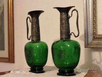 Coppia Anfore Vintage Vetro Verde Empoli e Metallo