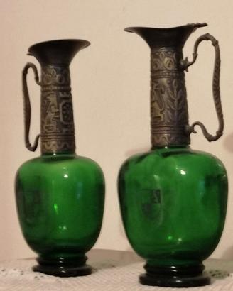 Coppia Anfore Vintage Vetro Verde Empoli e Metallo