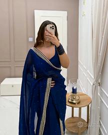 Sari Indiano Già Avvolto Bollywood, Blu Reale, In Artsilk, Taglie S-XXL Con Elastico, Pronto Da Indossare - 2