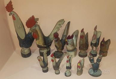 12 galli intagliati legno artigianato valdostano 