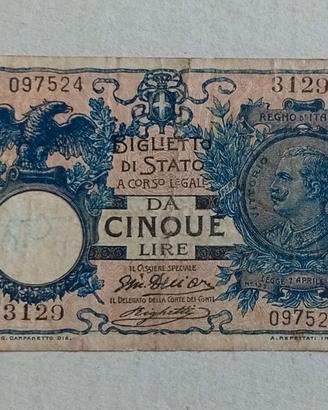 Biglietto di Stato da 5 Lire Vittorio Emanuele III
