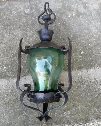 Lampadario in ferro battuto e vetro verde vintage