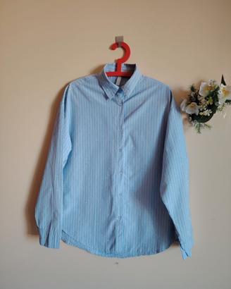 camicia celeste a righe con punti luce strass XL