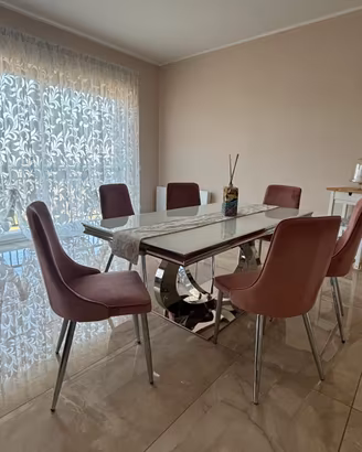 Tavolo design vetro e acciaio cromato + 6 sedie