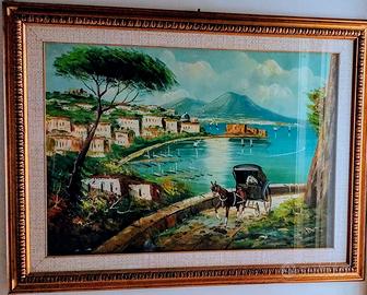 Quadro con panorama di Napoli dipinto a olio.