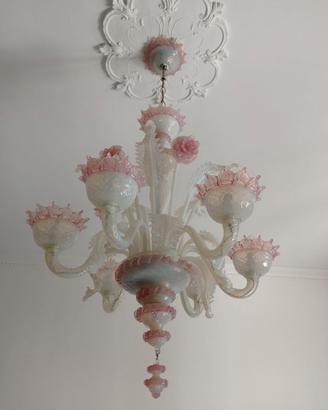 Lampadario  murano a lume Ambra Dorata rosa rubino
