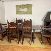4 sedie in legno antico + tavolo + 2 scranni