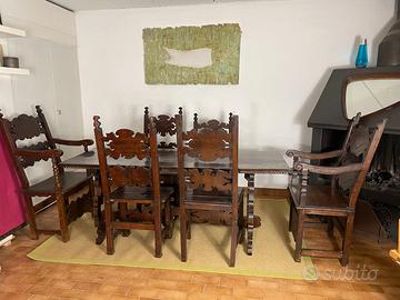 4 sedie in legno antico + tavolo + 2 scranni