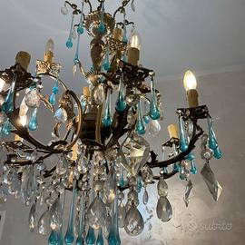 Lampadario antico in ottone e vetro - 8 luci