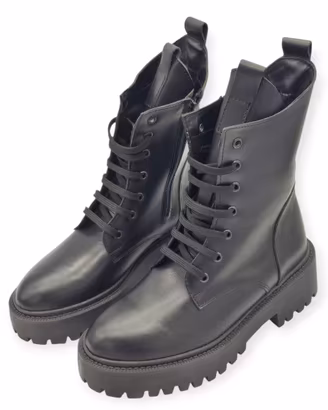 ANFIBI NERI DONNA LACCI SUOLA CARRARMATO STIVALI