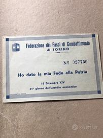 Tessera donazione oro alla patria regno italia