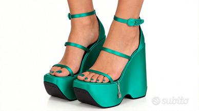 Sandali, tacco a zeppa, raso, verde, Versace, 39,5