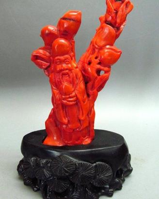 RARA Statua cinese Shoulao in Corallo Bambù 318g +