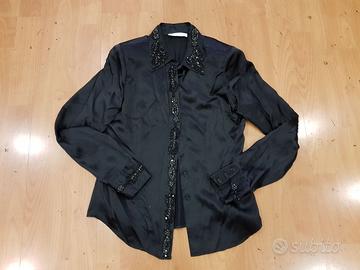 Camicia seta nera L'altramoda, tg. 44, con decori