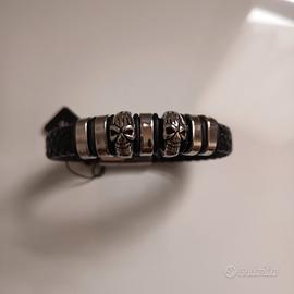 bracciale uomo biker con teschi in acciaio e caucc