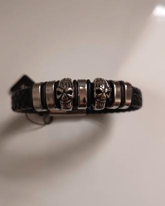 bracciale uomo biker con teschi in acciaio e caucc