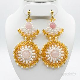 Orecchini Boho chic Vintage Pietre Quarzo Rosa