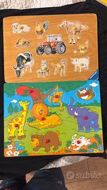 2 PUZZLE LEGNO a incastro animali fattoria e giung