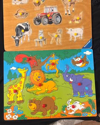 2 PUZZLE LEGNO a incastro animali fattoria e giung