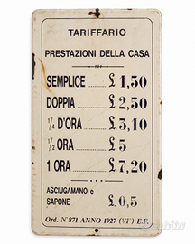Targa tariffario casa di tolleranza 1927