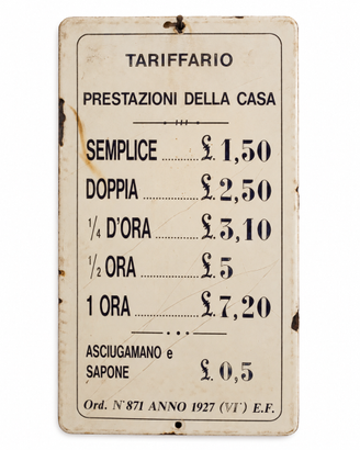 Targa tariffario casa di tolleranza 1927