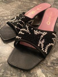 Sandali a fascia bianco nero perline pelle italia