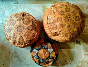 Set di 3 puff pouf cuscini etnici in pelle Marocco