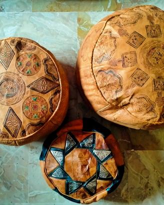 Set di 3 puff pouf cuscini etnici in pelle Marocco