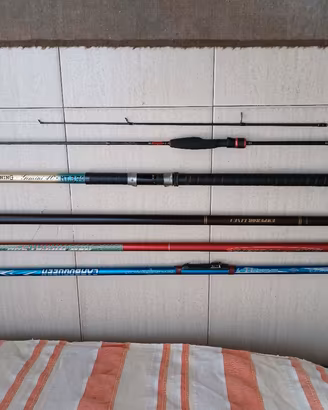 5 canne da pesca 1 mulinello e esche artificiali 