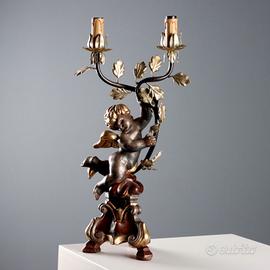 Candelabro in Legno Intagliato Dorato e Laccato