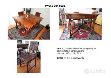 Arredo d'antiquariato: tavolo, sedie e 2 credenze