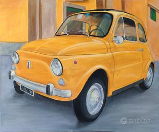 Fiat 500 Giallo Positano. Quadro ad olio su Tela