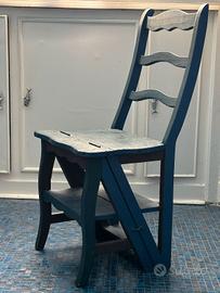 Sedia-scaletta pieghevole blu in legno decò 