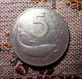 moneta 5 lire delfino 1952