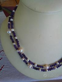 Collana doppio filo ametista e perle