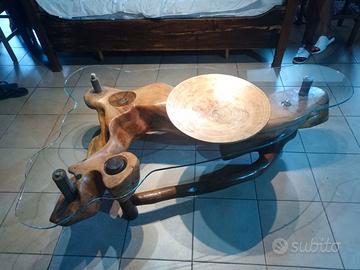 Tavolino soggiorno in legno e vetro fatto a mano