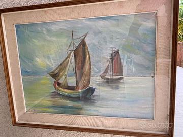 Quadro olio su tela, barche, firmato