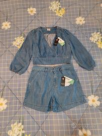 Completo Guess blusa crop e shorts tencel blu tg L