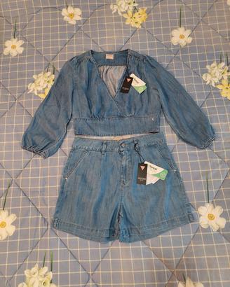 Completo Guess blusa crop e shorts tencel blu tg L