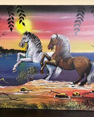 Cavalli al tramonto – Olio su tela R. MUSSOLINI