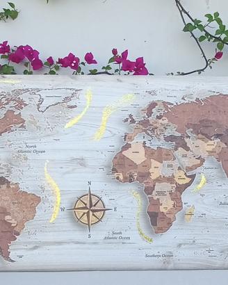 Quadro planisfero mappamondo su legno