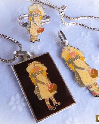 ♥ HOLLY HOBBIE Vintage 1970 Argento Anello Collana