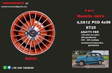 Cerchi grifo 12 pollici 4x98 ROSSO fiat 126