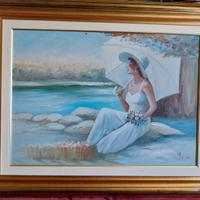 Dipinto olio su tela "La ragazza sul lago"